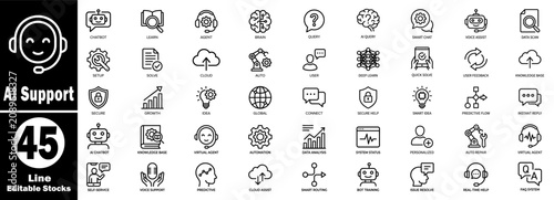 Ai support thin line vector icons set. Technology symbols for an artificial intelligence software development task. Vector Illustration.