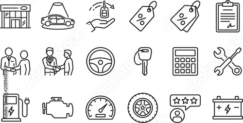 Quadro su tela Car dealership and auto sales outline icon set with showroom key discount tag ca