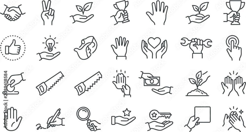 Fototapeta premium Hand Gesture and Human Interaction Line Icon Collection Vector Set Featuring Handshake, Victory Sign, Helping Hands, Gardening, Repair, Payment and Outline Symbols