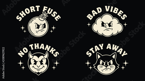 Vintage cartoon style badges with angry faces of a bomb, cloud, devil, and cat with text on a black background