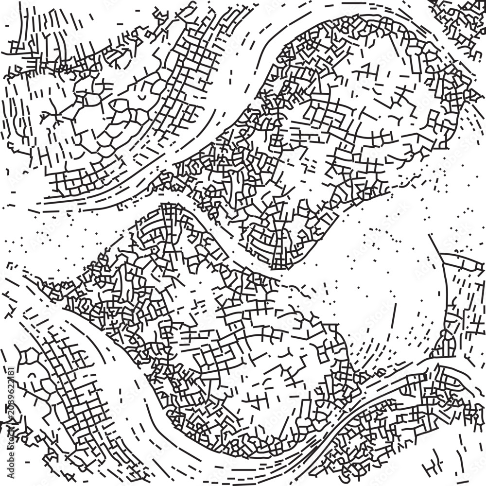 Obraz premium Illustration vague paysage cartographie avec motifs abstraits noir et blanc modernes, design contemporain fluide, Formes diverses sur fond clair, Vecteur