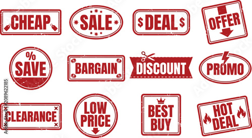 Collection of red grunge rubber stamp style labels for sales discounts and promotional offers
