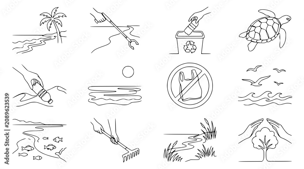 Fototapeta premium Environmental protection icons: beach cleanup, ocean pollution, recycling, nature conservation, sea turtle