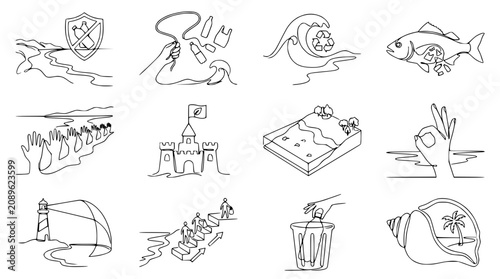 Cuadro en lienzo Ocean Pollution and Environmental Protection Line Art Icons Set
