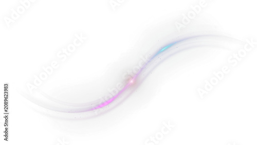 Ethereal light trail with glowing pink and blue neon curves, abstract motion blur wave on white background, magical energy swirl for creative design