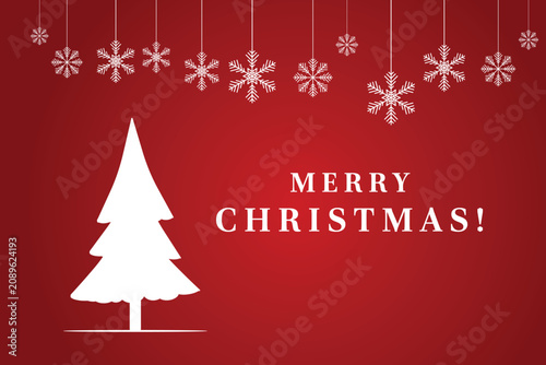 Horizontal greeting card White winter Xmas tree Merry Christmas text Hanging snowflakes Red gradient background Minimal seasonal holiday design Invitation banner poster social media festive template