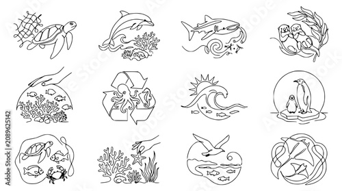 Fotografía Ocean Conservation Line Art Icons: Marine Life, Pollution, Recycling, Climate Ch