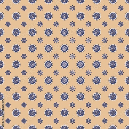 Repeating geometric pattern featuring circular and star motifs in navy blue on a light beige background, suitable for textile or wallpaper design applications