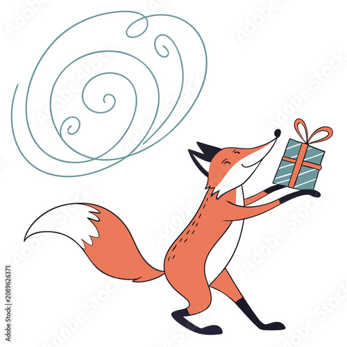 Cartoon fox happily carrying a gift with swirling wind around  