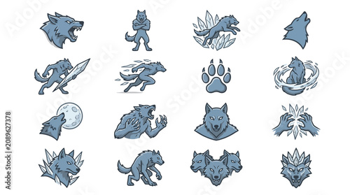 Foto Minimalist Blue Wolf and Canine Themed Icons Set Various Stylized Illustrations