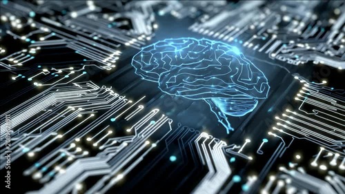A digital artwork showcasing a human brain integrated into a computer motherboard with illuminated green circuitry.