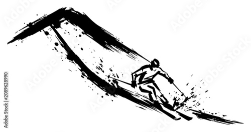 Fotografía Professional skier descending steep mountain slope with snow splash ink sketch s