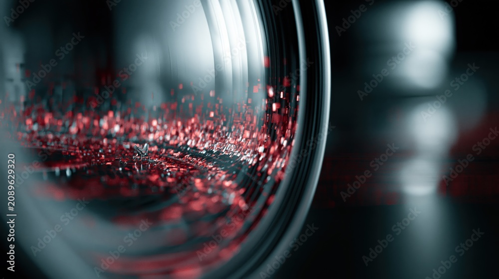 Fototapeta premium Close-up Macro View of Red Glitter Particles Swirling Inside a Clear Glass Container with Dramatic Lighting