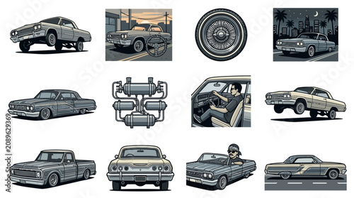 Bild auf Leinwand Modern Vintage Inspired Classic Car Set Showcasing Various Retro Automobiles Whe
