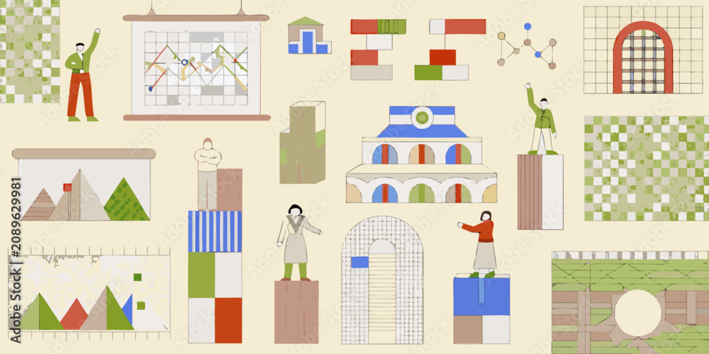 Fototapeta premium Minimalist Illustrated Characters And Architectural Elements Vector Illustration