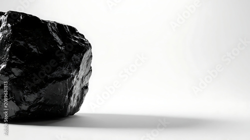 A large black coal stone sits on a clean white background surface