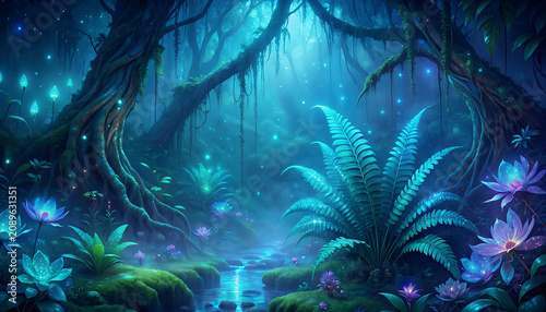 A mystical forest scene with glowing plants and a serene stream running through it