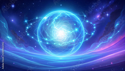 A vibrant digital illustration of a glowing blue sphere surrounded by swirling purple and pink lights in a starry night sky