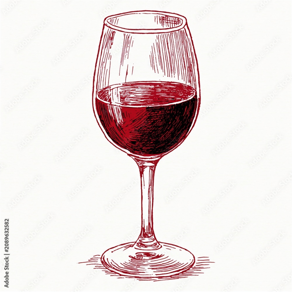 Obraz premium Hand Drawn Sketch of a Full Glass of Red Wine on a White Background, Elegant Beverage Illustration