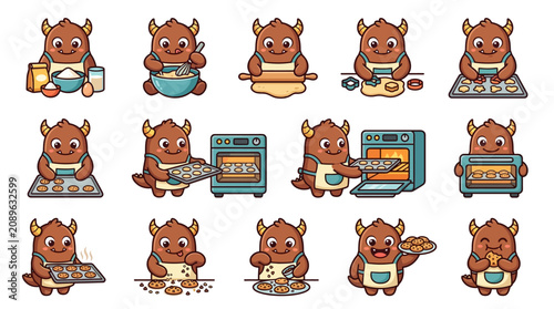 Bild auf Leinwand Corporate Set Cute Brown Mythical Kitchen Helper Baking Cookies Step by Step in