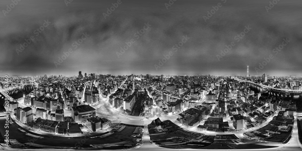 Naklejka premium Tokyo aerial night 360 panorama with illuminated skyline and urban city lights