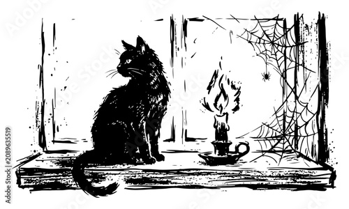 Fotografía Black cat sitting on windowsill next to lit candle and spiderwebs in hand drawn