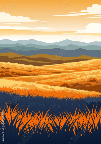 Konstfotografi Autumnal landscape sunset vector illustration design featuring rolling golden wh