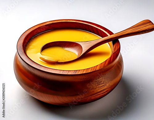Ghee in a golden yellow bowl with a wooden spoon on a white background