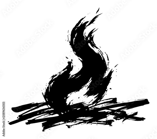 Fotografía Burning campfire with expressive flames and logs in hand drawn brush style