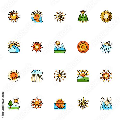 Collection of 20 minimal weather and nature line icons featuring the sun in different scenes, including sunrise, sunset, mountains, forest, field, clouds, rain, and landscapes.