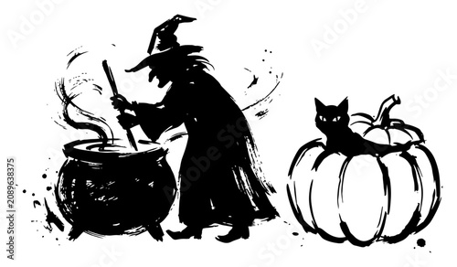 Φωτογραφία Witch stirring magic cauldron and black cat on pumpkin in hand drawn brush style