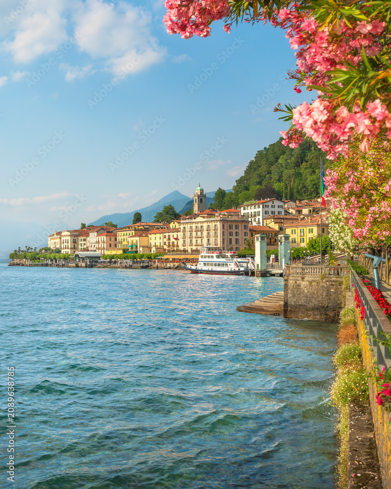 Fototapeta premium Bellagio Waterfront and Lake Como View with Flowers