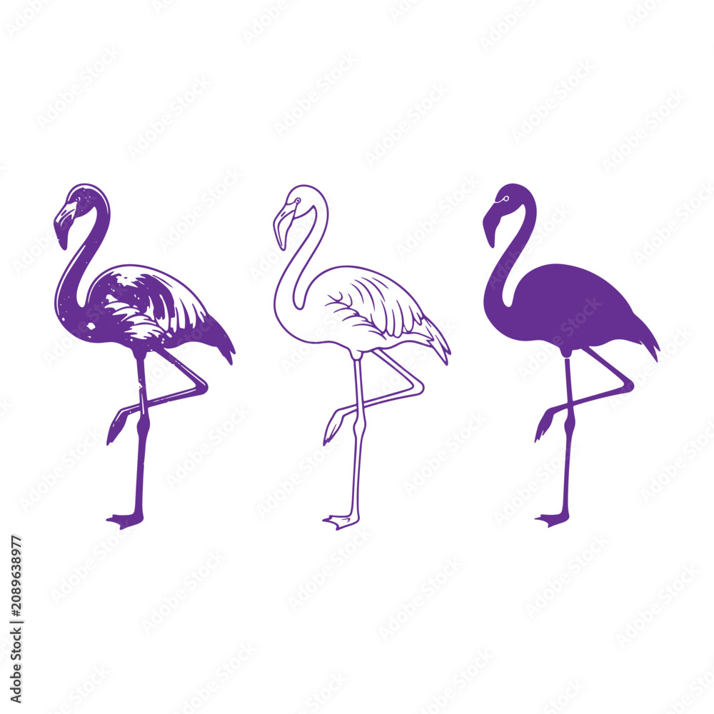 Obraz premium Three purple flamingo silhouettes in different styles, including solid, outline, and textured, isolated on a white background