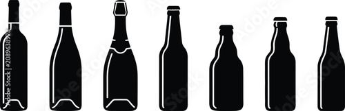 Fotografía Black wine bottle icons, vector beer bottles, liquor symbols, alcohol signs