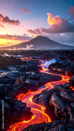 A stunning view of a volcano's fiery lava flow