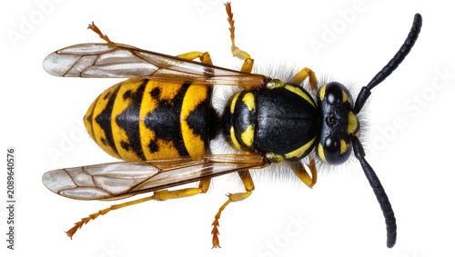 Isolated yellow and black striped wasp with transparent wings, detailed view from above