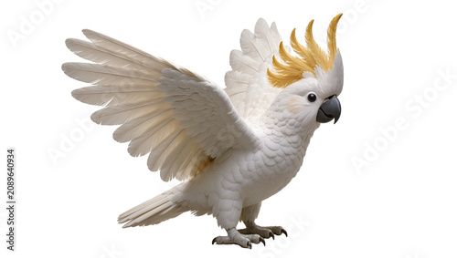 Quadro su tela Isolated white cockatoo with magnificent golden crest and gracefully spread wing