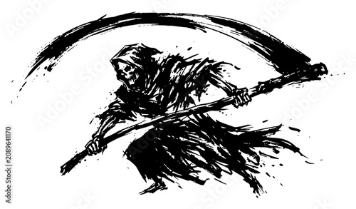 Photos Grim reaper holding scythe in dynamic active pose in rough ink sketch style