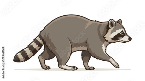 Bild auf Leinwand Illustration of a raccoon walking on a plain white background.
