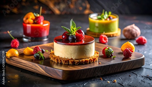 A wooden tray holds a cheesecake with berries and other desserts