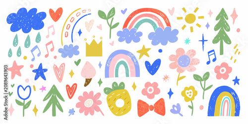 Hand Drawn Doodle Icons Featuring Rainbows Flowers And Musical Notes