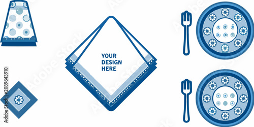 Blue Tableware And Folded Napkin Vector Illustration With Placeholder