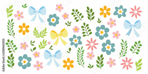 Floral ornament with bows and leaves pastel vector illustration