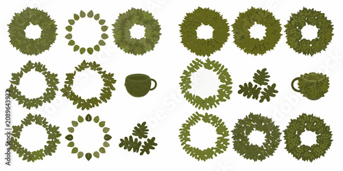 Leaf wreaths and coffee cup vector illustration with white background