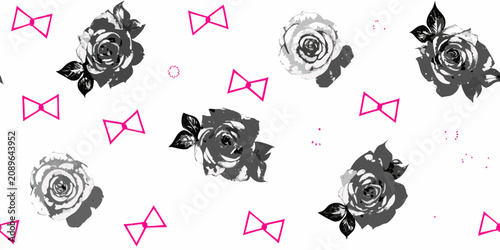 Floral ornament with roses and bows grayscale and pink on white