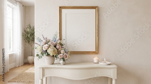 Elegant Floral Interior with Blank Wall Frame 
