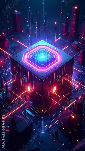 Neon-lit futuristic cityscape with central cube structure