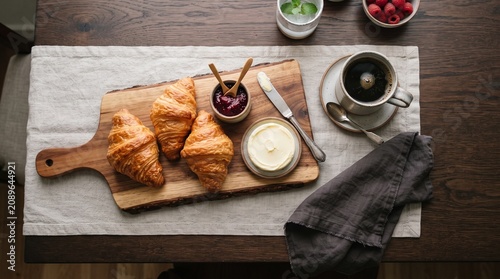 Croissant Breakfast Flat Lay with Coffee and Jam