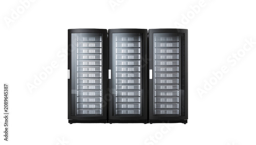 Isolated modern black server racks for robust data storage, network infrastructure, and IT solutions