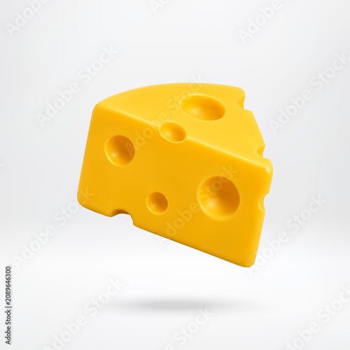 Piece of 3D Swiss cheese with holes. Yellow dairy product icon. Realistic sliced food element for culinary website, menu design or grocery advertisement. Digital vector illustration.